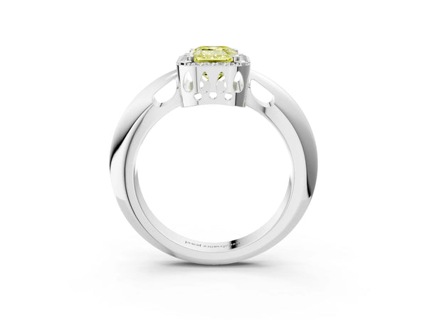 White gold Fancy Yellow Emerald  Cut Diamond Halo Engagement Ring with Split Shank and Four-Prong Setting