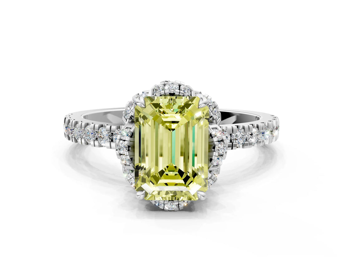 White gold Fancy Yellow Emerald Cut Diamond Halo Pave Band with Four-Prong Setting_3