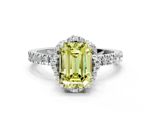 White gold Fancy Yellow Emerald Cut Diamond Halo Pave Band with Four-Prong Setting