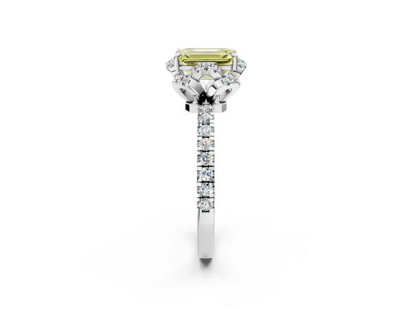 White gold Fancy Yellow Emerald Cut Diamond Halo Pave Band with Four-Prong Setting