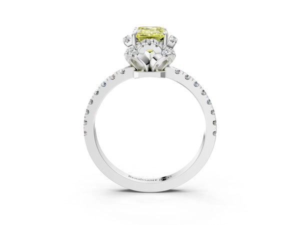 White gold Fancy Yellow Emerald Cut Diamond Halo Pave Band with Four-Prong Setting