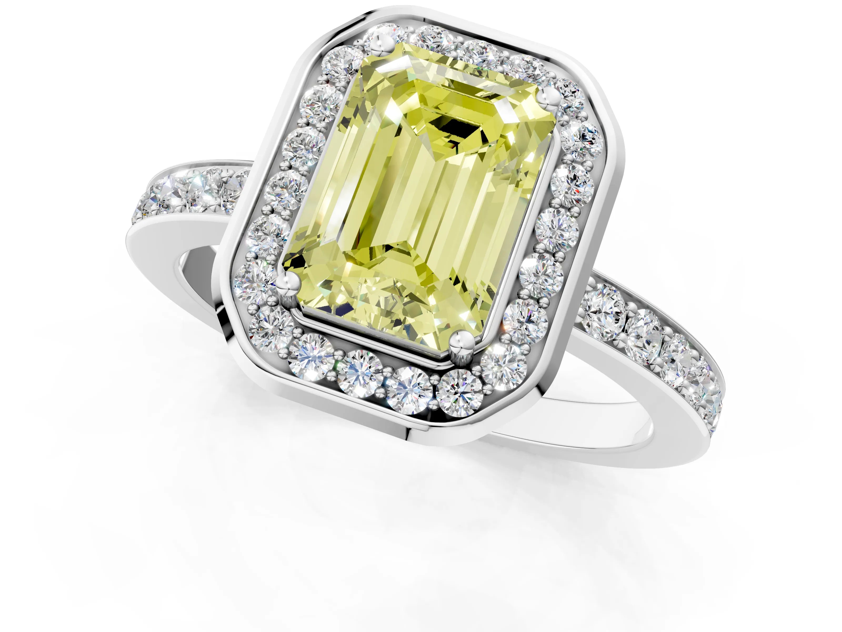 White gold Fancy Yellow Emerald Cut Diamond Halo Ring with Bezel Frame and Pavé Band_1