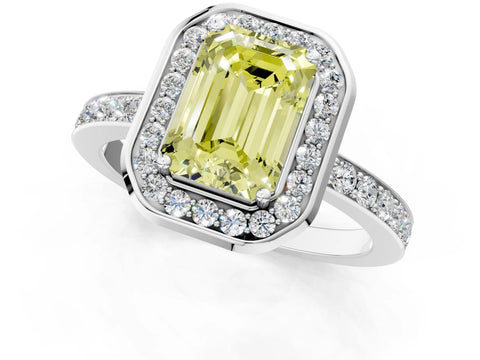 White gold Fancy Yellow Emerald Cut Diamond Halo Ring with Bezel Frame and Pavé Band_1