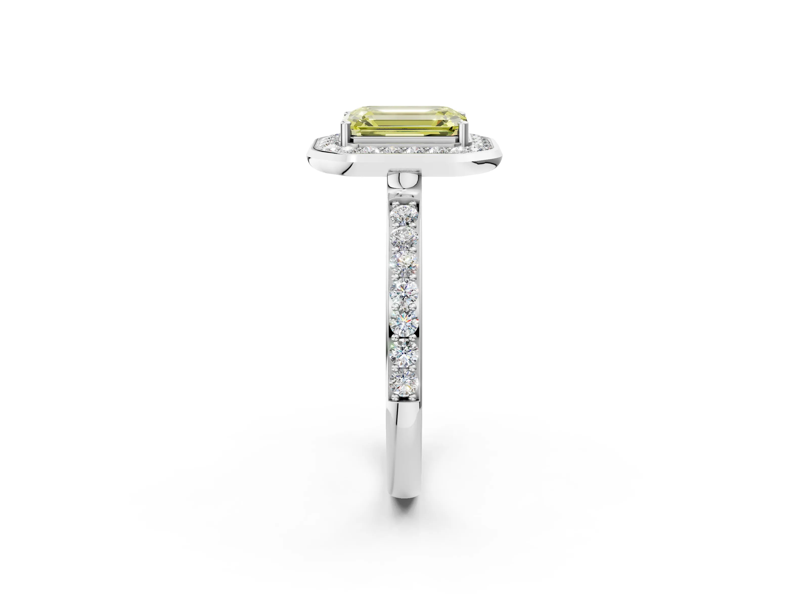 White gold Fancy Yellow Emerald Cut Diamond Halo Ring with Bezel Frame and Pavé Band_2