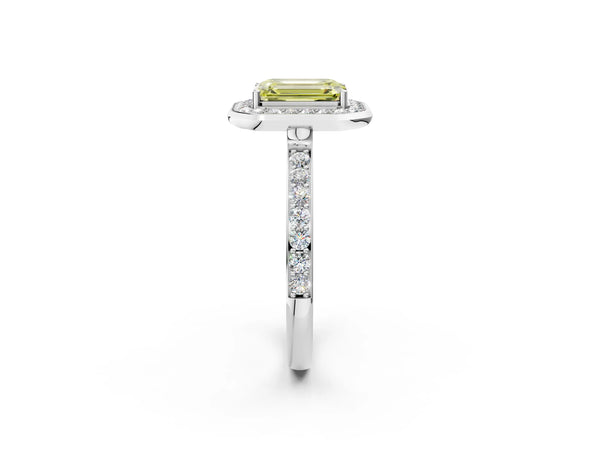 Platinum Fancy Yellow Emerald Cut Diamond Halo Ring with Bezel Frame and Pavé Band