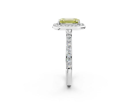 White gold Fancy Yellow Emerald Cut Diamond Halo Ring with Bezel Frame and Pavé Band_2