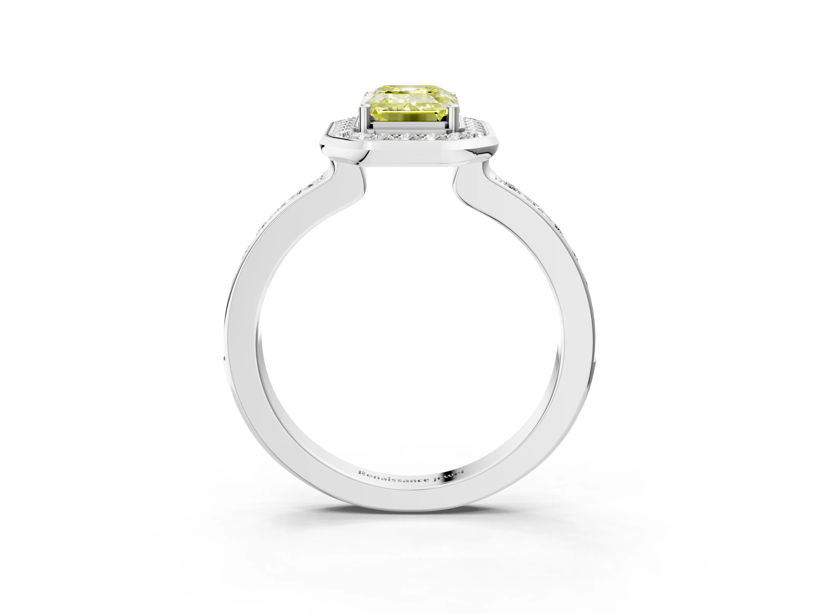 White gold Fancy Yellow Emerald Cut Diamond Halo Ring with Bezel Frame and Pavé Band_3