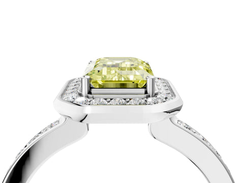 White gold Fancy Yellow Emerald Cut Diamond Halo Ring with Bezel Frame and Pavé Band_4
