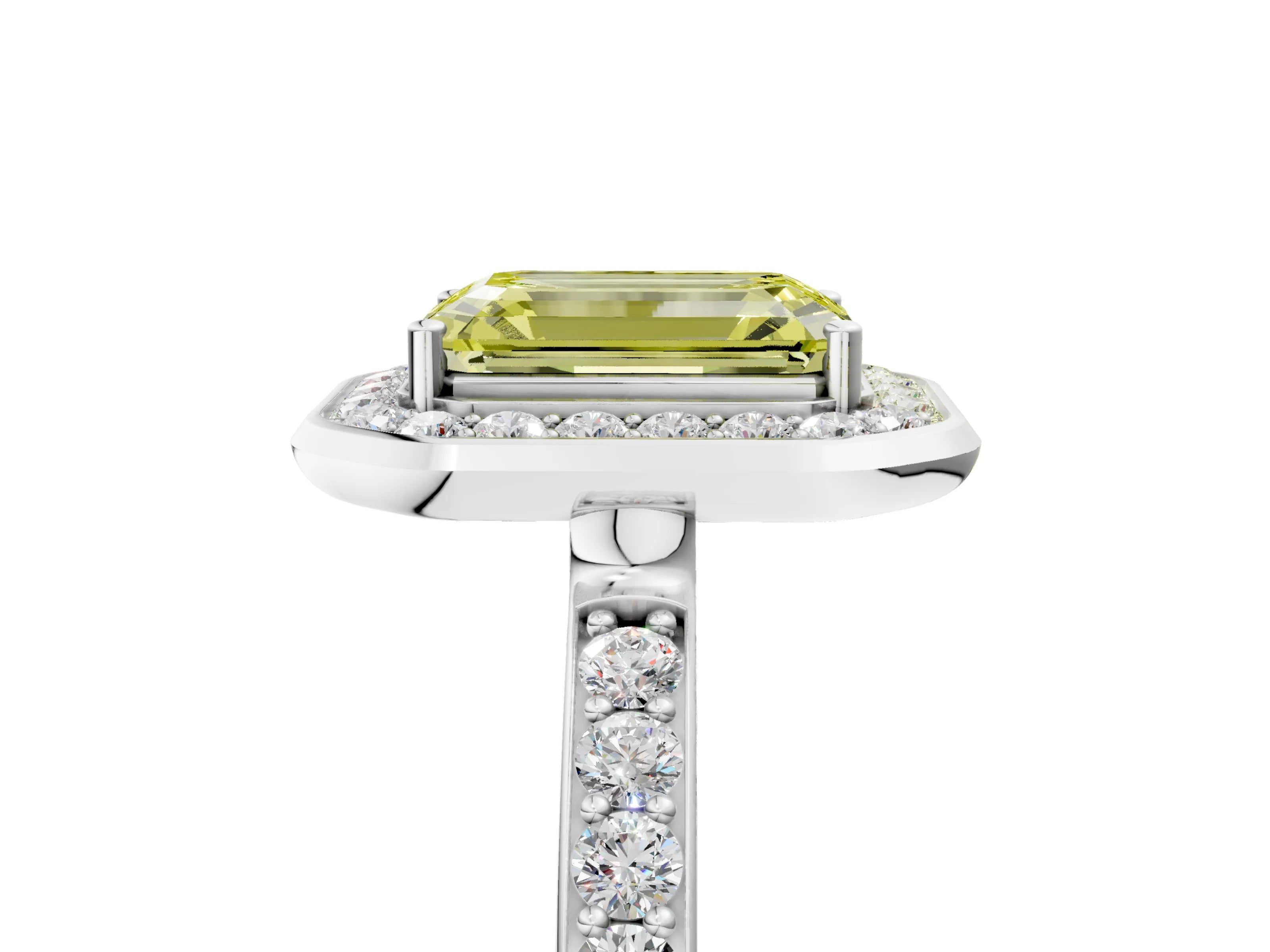 White gold Fancy Yellow Emerald Cut Diamond Halo Ring with Bezel Frame and Pavé Band_5