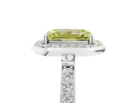 White gold Fancy Yellow Emerald Cut Diamond Halo Ring with Bezel Frame and Pavé Band_5