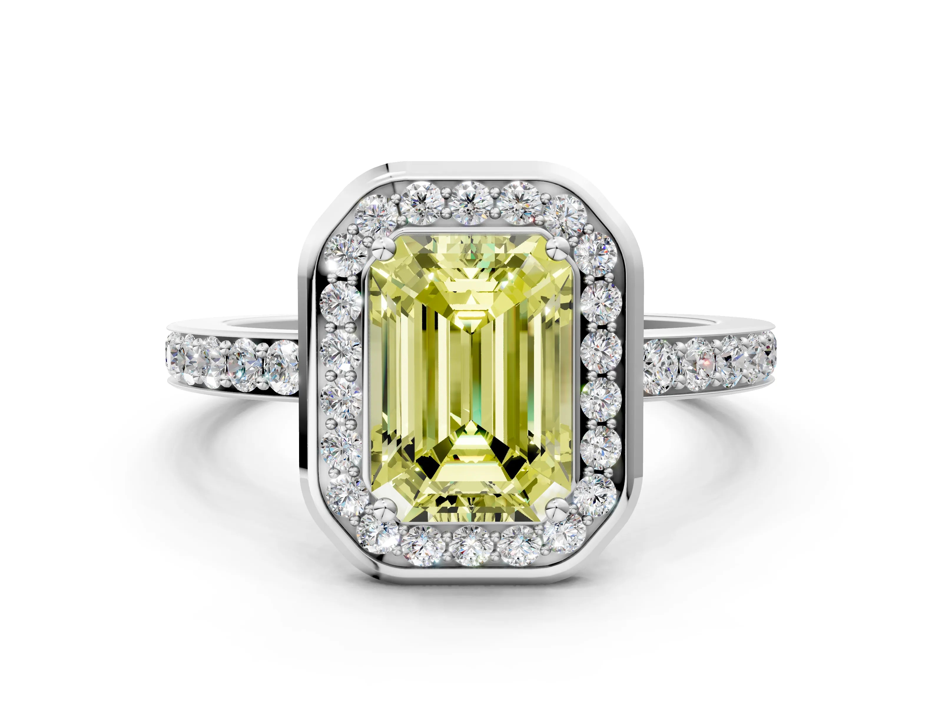 White gold Fancy Yellow Emerald Cut Diamond Halo Ring with Bezel Frame and Pavé Band