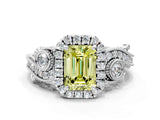 White gold Fancy Yellow Emerald Cut Diamond Halo Ring with Milgrain Pavé Band and Four-Prong Setting_49
