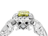White gold Fancy Yellow Emerald Cut Diamond Halo Ring with Milgrain Pavé Band and Four-Prong Setting_53