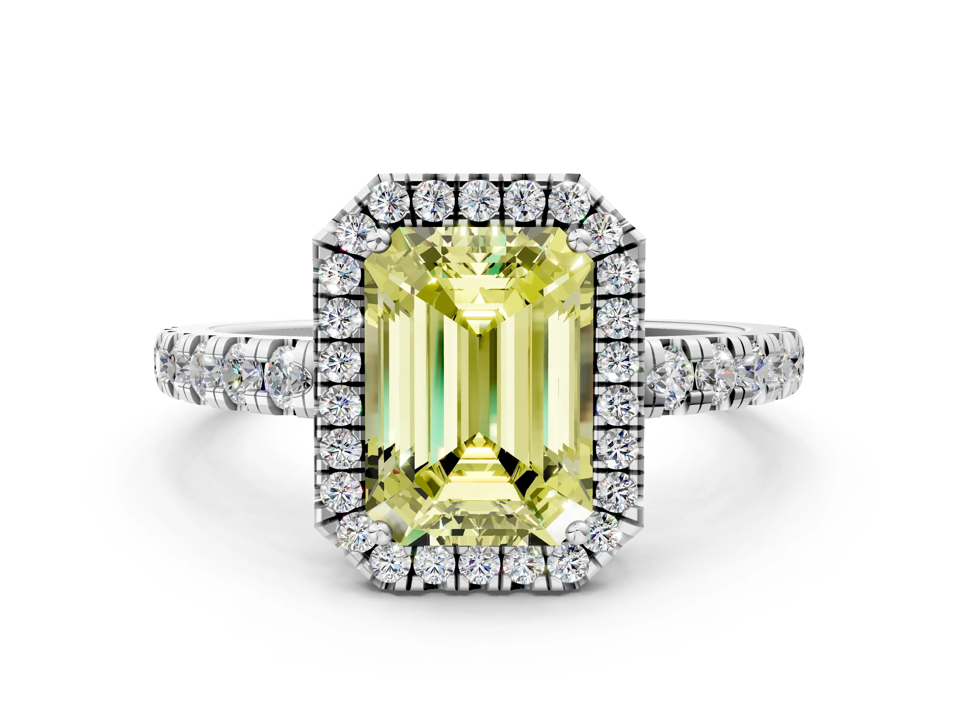 White gold Fancy Yellow Emerald Cut Diamond Halo Ring with Pavé Band and Four-Prong Setting_12