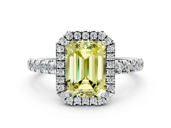 Platinum Fancy Yellow Emerald Cut Diamond Halo Ring with Pavé Band and Four-Prong Setting