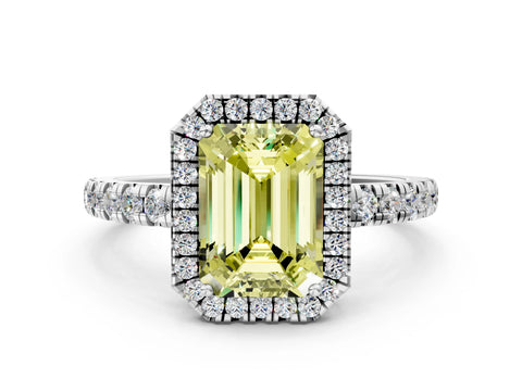 White gold Fancy Yellow Emerald Cut Diamond Halo Ring with Pavé Band and Four-Prong Setting_12