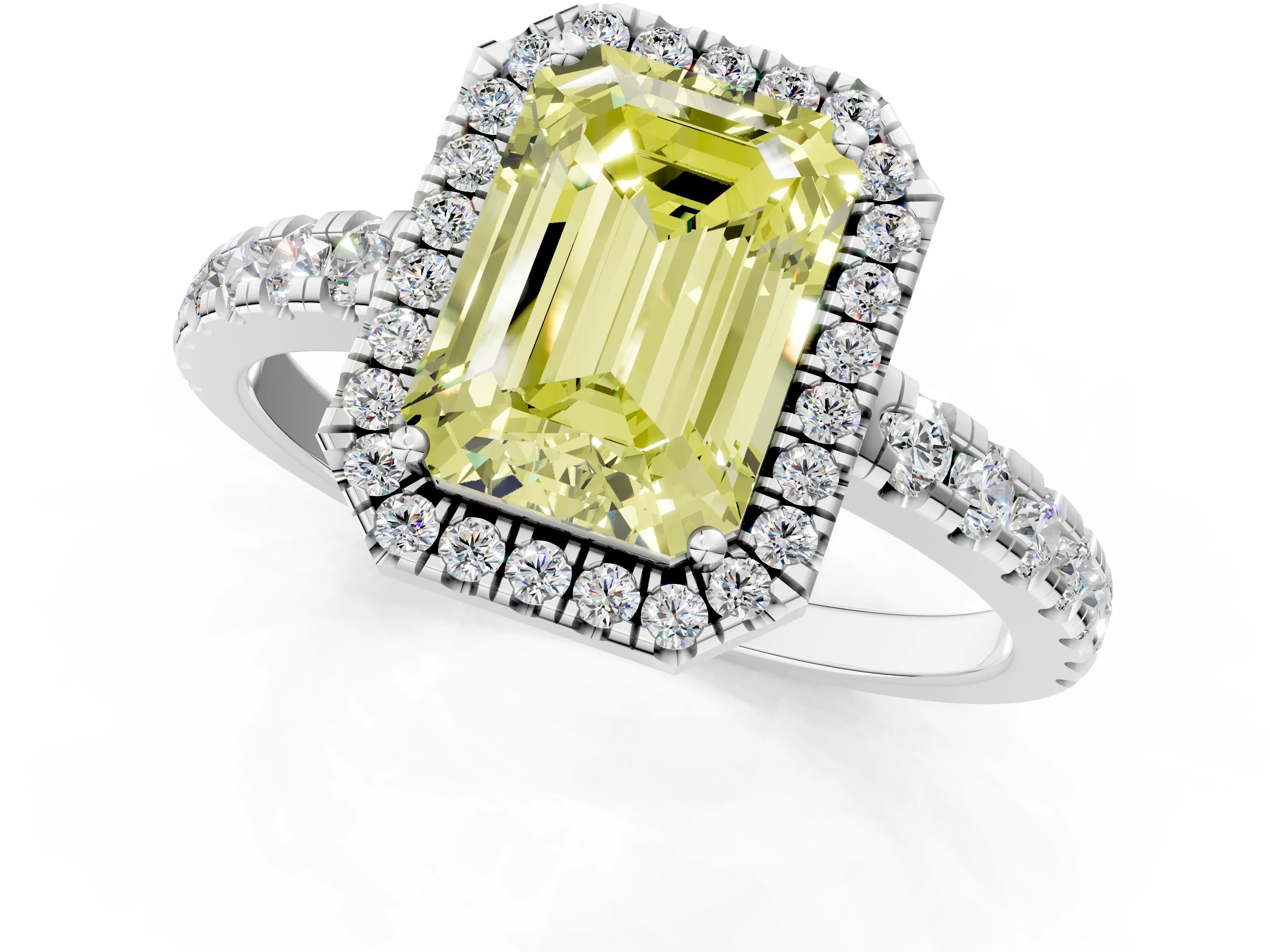 White gold Fancy Yellow Emerald Cut Diamond Halo Ring with Pavé Band and Four-Prong Setting_13