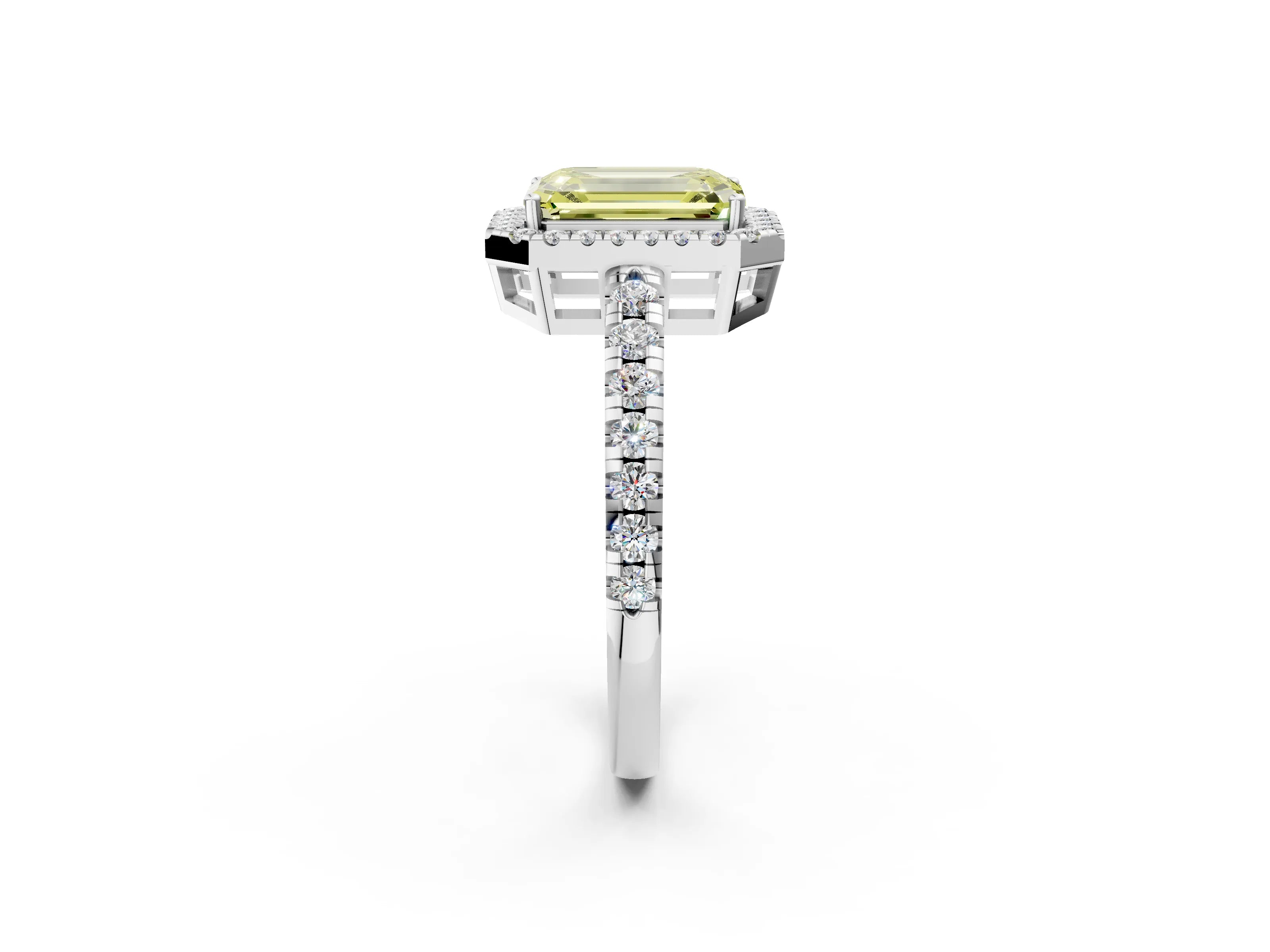 White gold Fancy Yellow Emerald Cut Diamond Halo Ring with Pavé Band and Four-Prong Setting_14