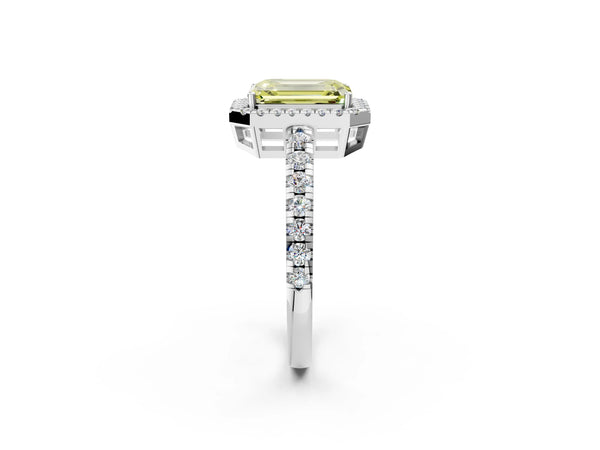 Platinum Fancy Yellow Emerald Cut Diamond Halo Ring with Pavé Band and Four-Prong Setting