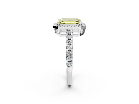 White gold Fancy Yellow Emerald Cut Diamond Halo Ring with Pavé Band and Four-Prong Setting_14