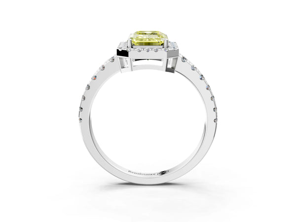 Platinum Fancy Yellow Emerald Cut Diamond Halo Ring with Pavé Band and Four-Prong Setting