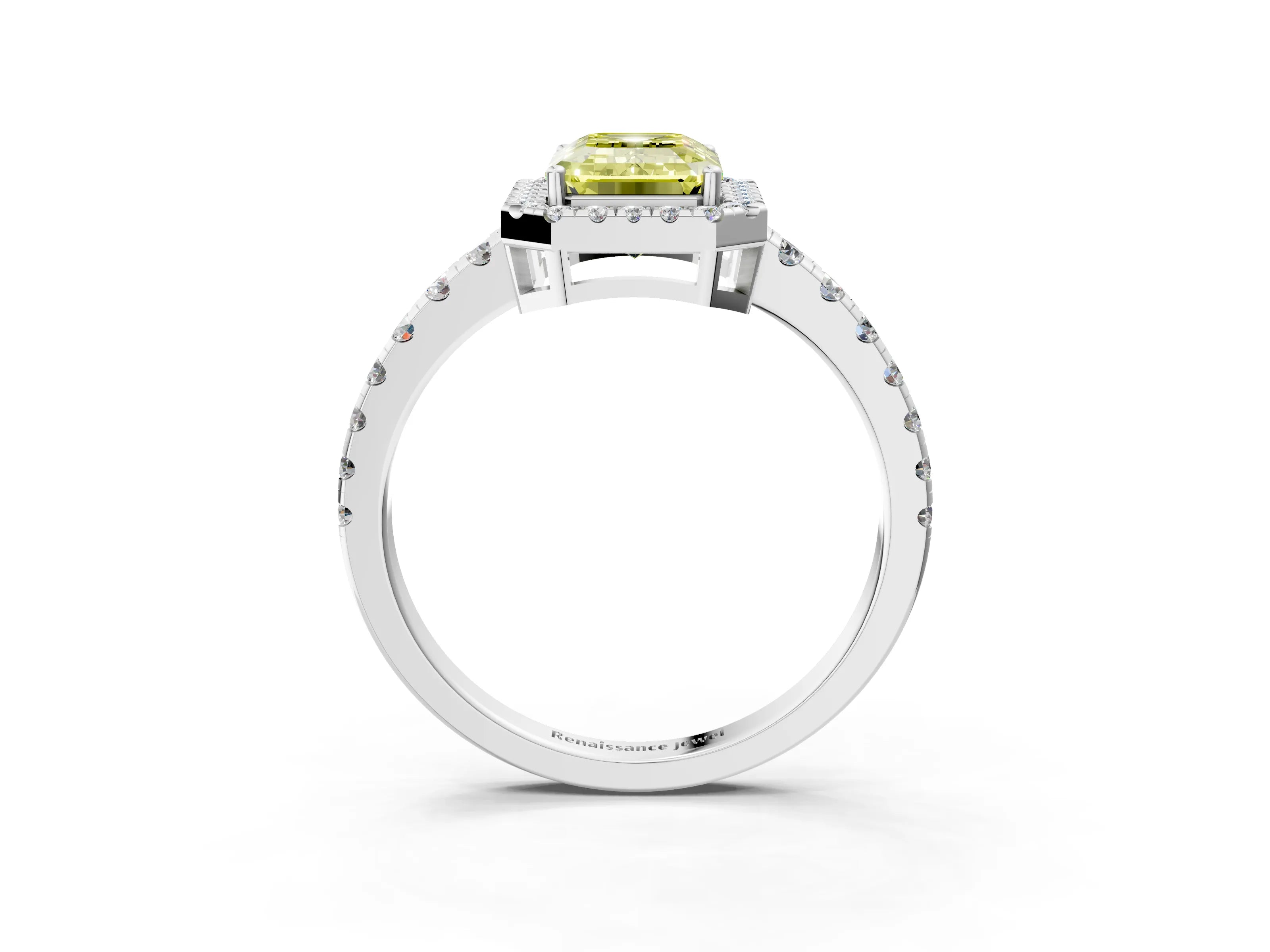 White gold Fancy Yellow Emerald Cut Diamond Halo Ring with Pavé Band and Four-Prong Setting_15
