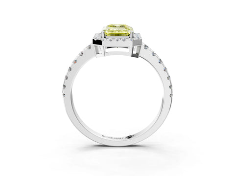 White gold Fancy Yellow Emerald Cut Diamond Halo Ring with Pavé Band and Four-Prong Setting_15
