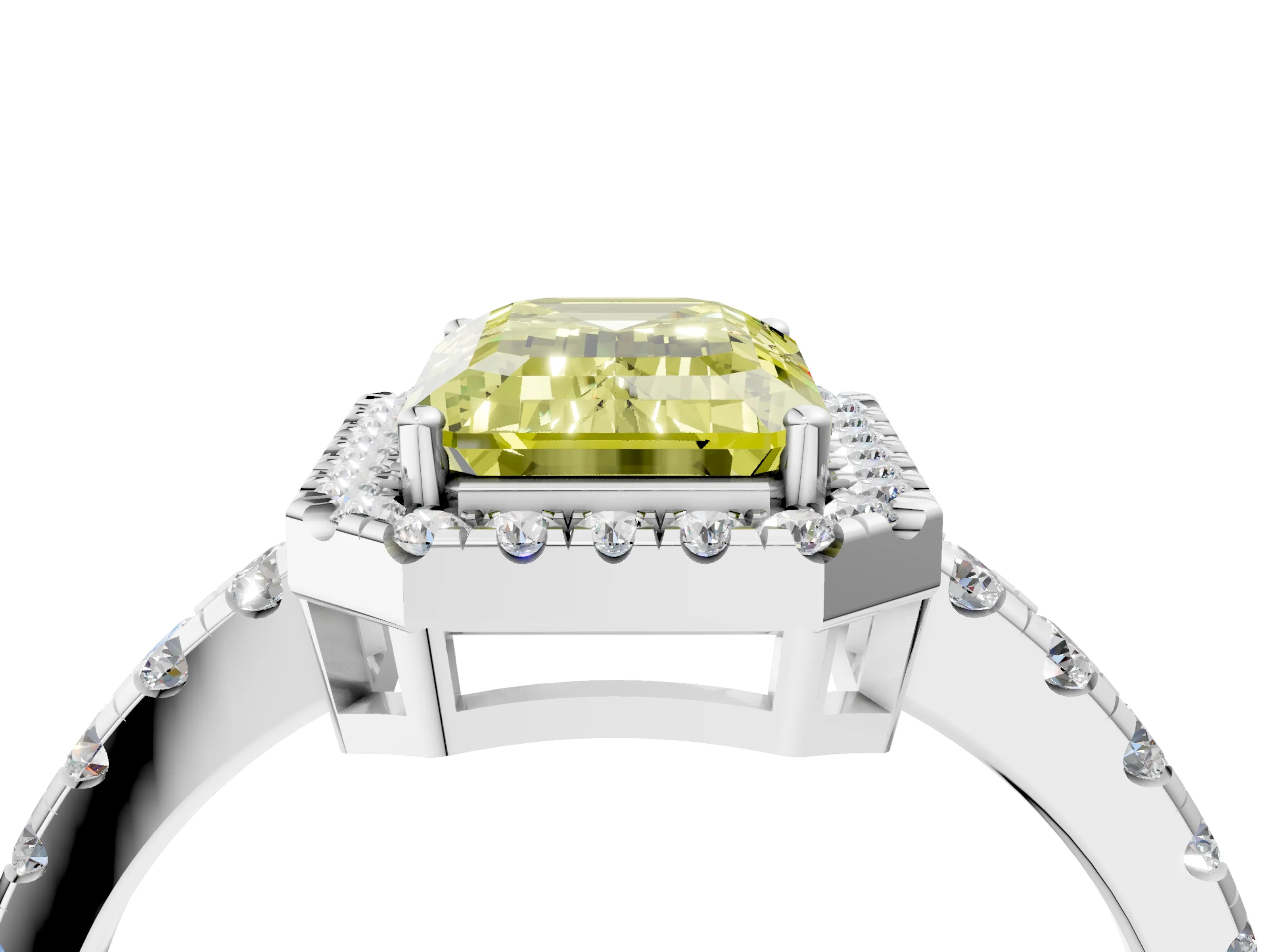 White gold Fancy Yellow Emerald Cut Diamond Halo Ring with Pavé Band and Four-Prong Setting_16