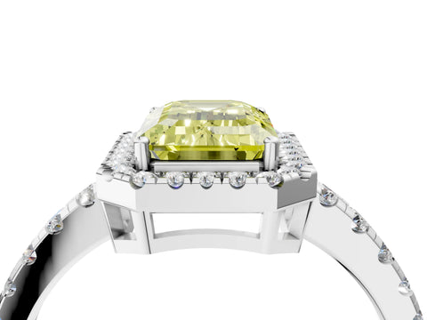 White gold Fancy Yellow Emerald Cut Diamond Halo Ring with Pavé Band and Four-Prong Setting_16