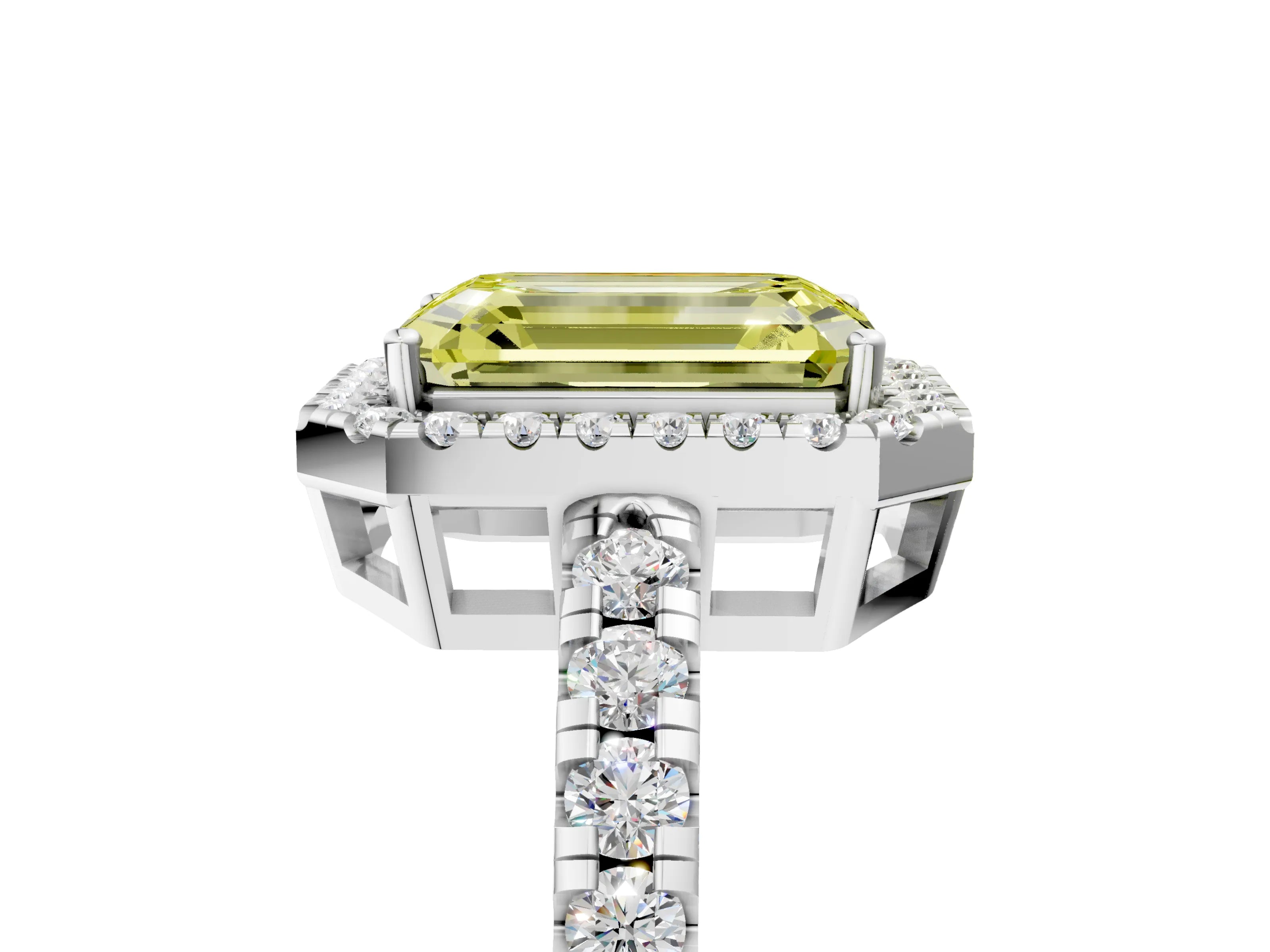 White gold Fancy Yellow Emerald Cut Diamond Halo Ring with Pavé Band and Four-Prong Setting_17