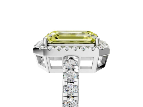 White gold Fancy Yellow Emerald Cut Diamond Halo Ring with Pavé Band and Four-Prong Setting_17