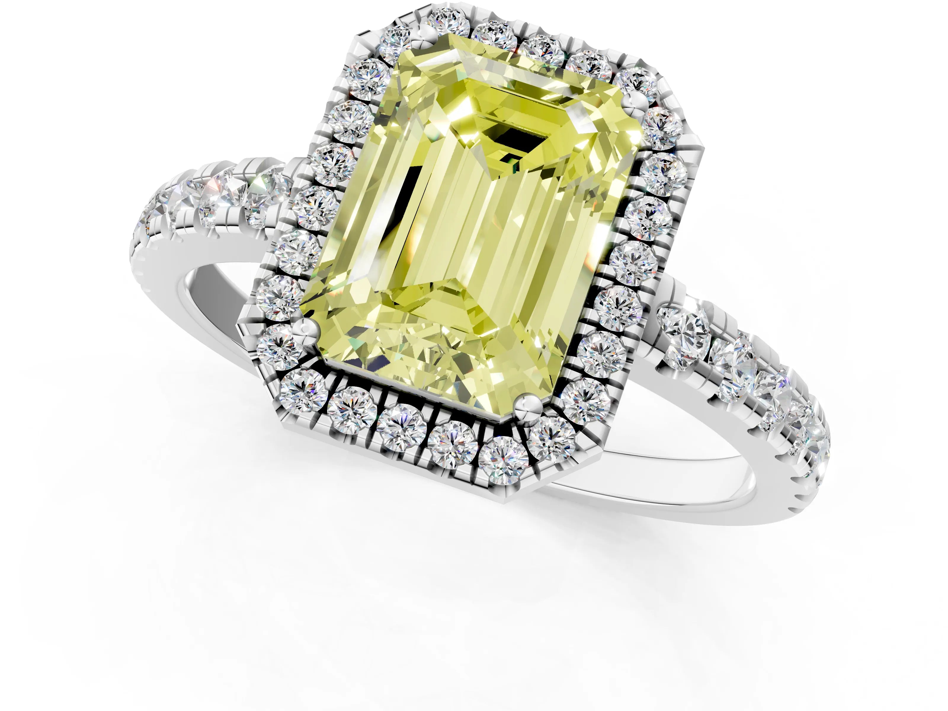 White gold Fancy Yellow Emerald Cut Diamond Halo Ring with Pavé Band and Four-Prong Setting_1