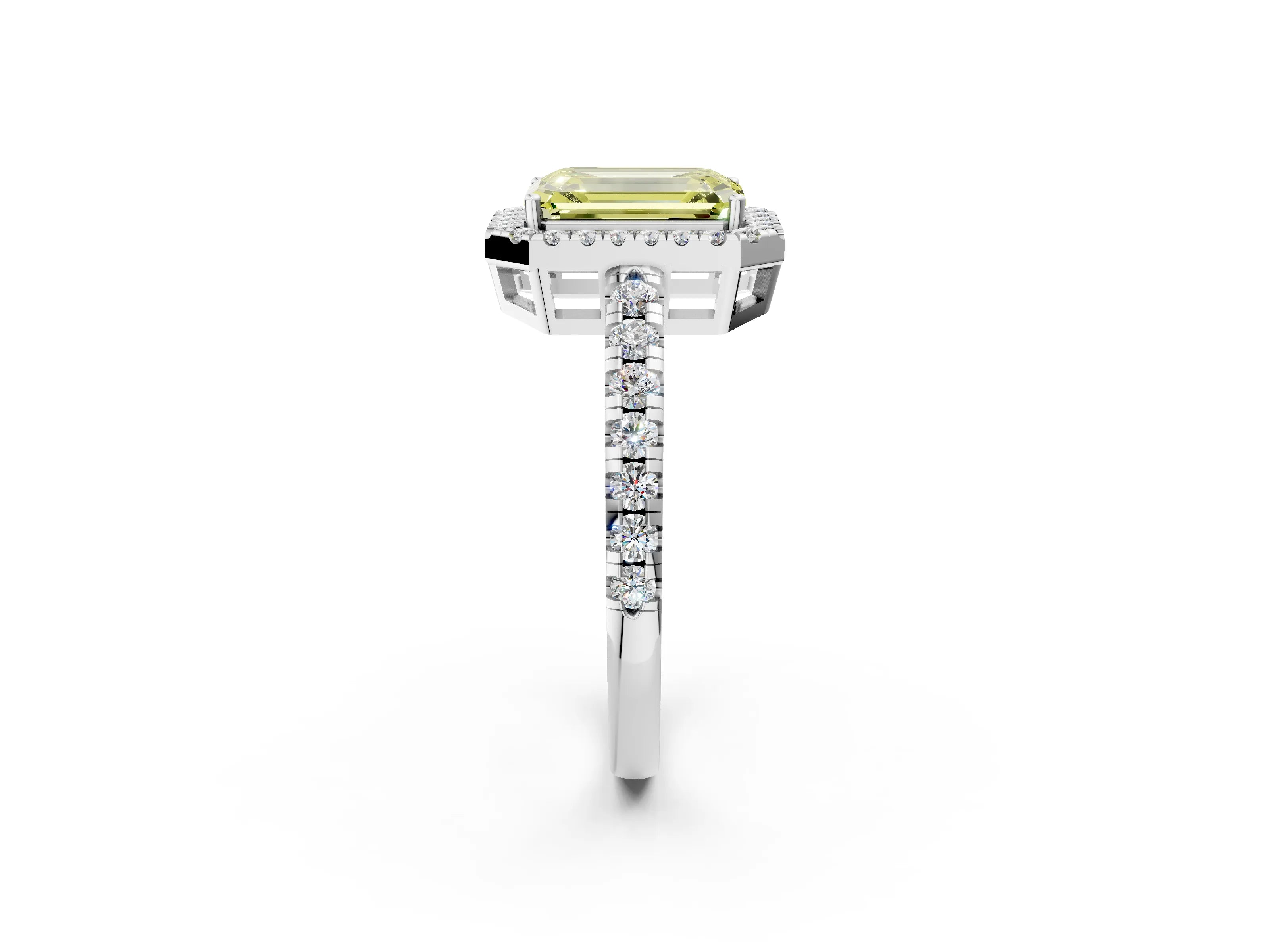 White gold Fancy Yellow Emerald Cut Diamond Halo Ring with Pavé Band and Four-Prong Setting_2
