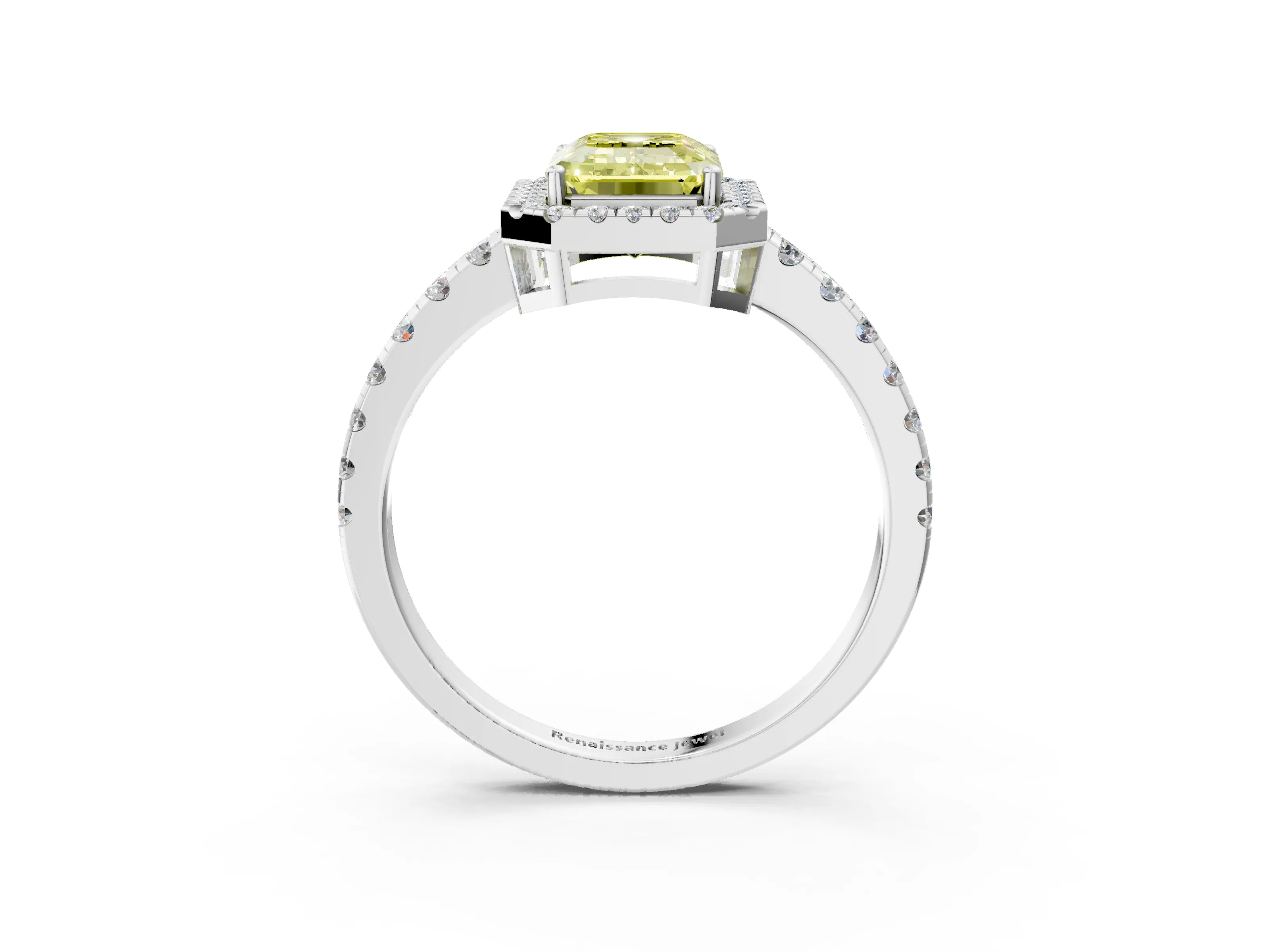 White gold Fancy Yellow Emerald Cut Diamond Halo Ring with Pavé Band and Four-Prong Setting_3