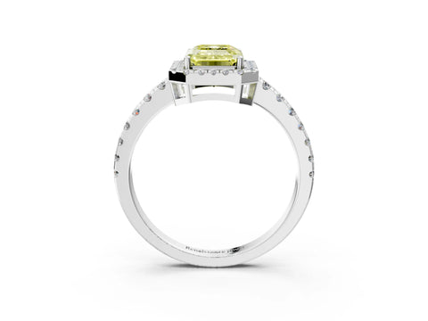 White gold Fancy Yellow Emerald Cut Diamond Halo Ring with Pavé Band and Four-Prong Setting_3