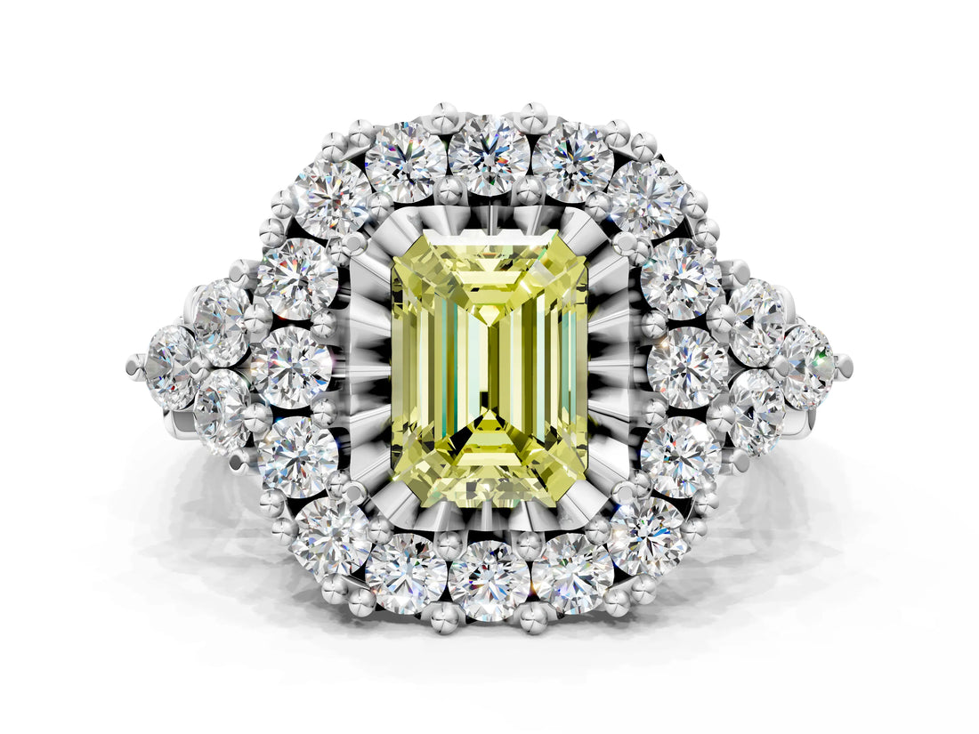 White gold Fancy Yellow Emerald Cut Diamond Halo Ring with Pavé Band and Four-Prong Setting_48