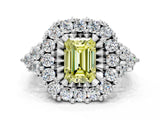 White gold Fancy Yellow Emerald Cut Diamond Halo Ring with Pavé Band and Four-Prong Setting_48
