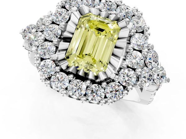 Platinum Fancy Yellow Emerald Cut Diamond Halo Ring with Pavé Band and Four-Prong Setting
