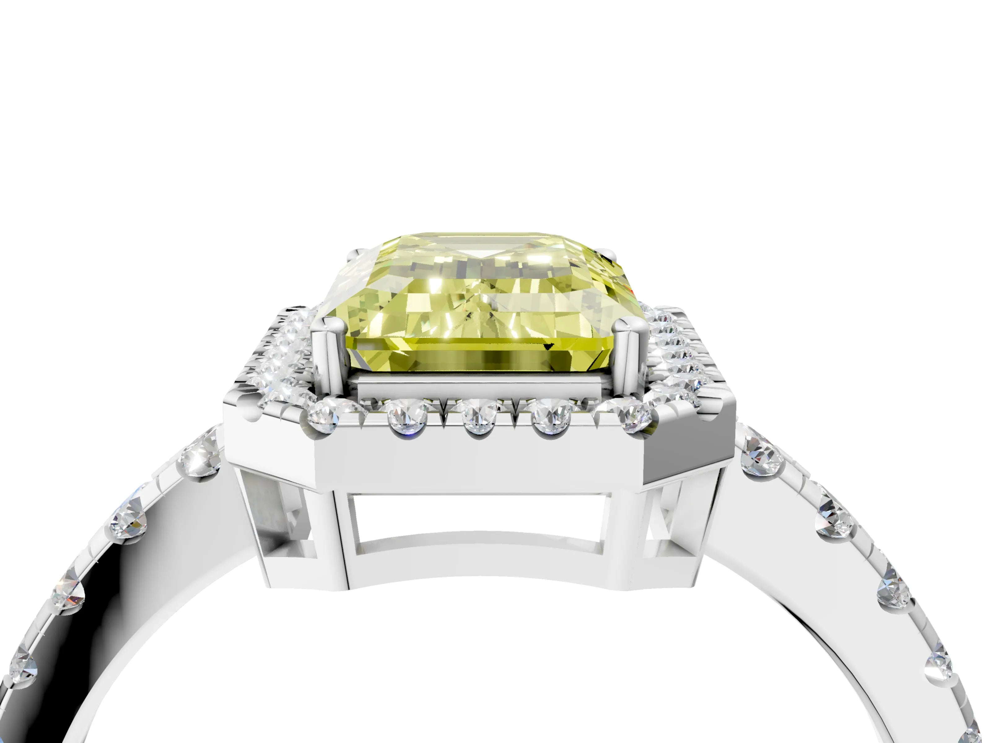 White gold Fancy Yellow Emerald Cut Diamond Halo Ring with Pavé Band and Four-Prong Setting_4