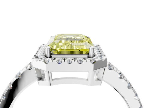 White gold Fancy Yellow Emerald Cut Diamond Halo Ring with Pavé Band and Four-Prong Setting_4