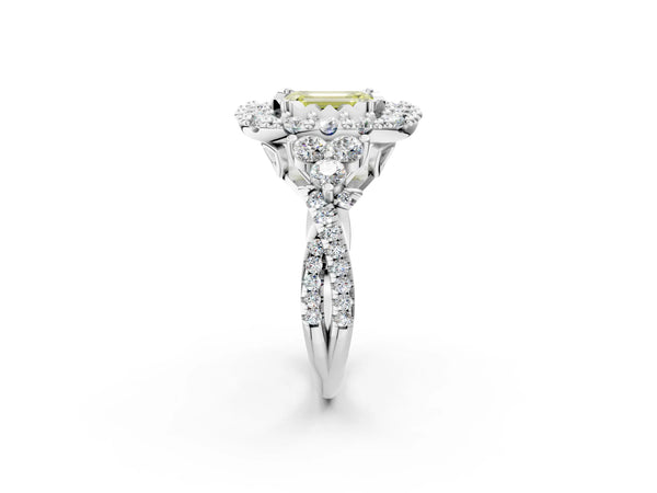 Platinum Fancy Yellow Emerald Cut Diamond Halo Ring with Pavé Band and Four-Prong Setting