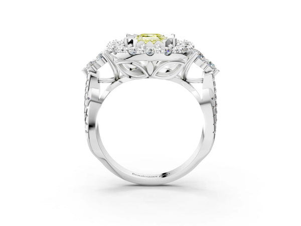 Platinum Fancy Yellow Emerald Cut Diamond Halo Ring with Pavé Band and Four-Prong Setting