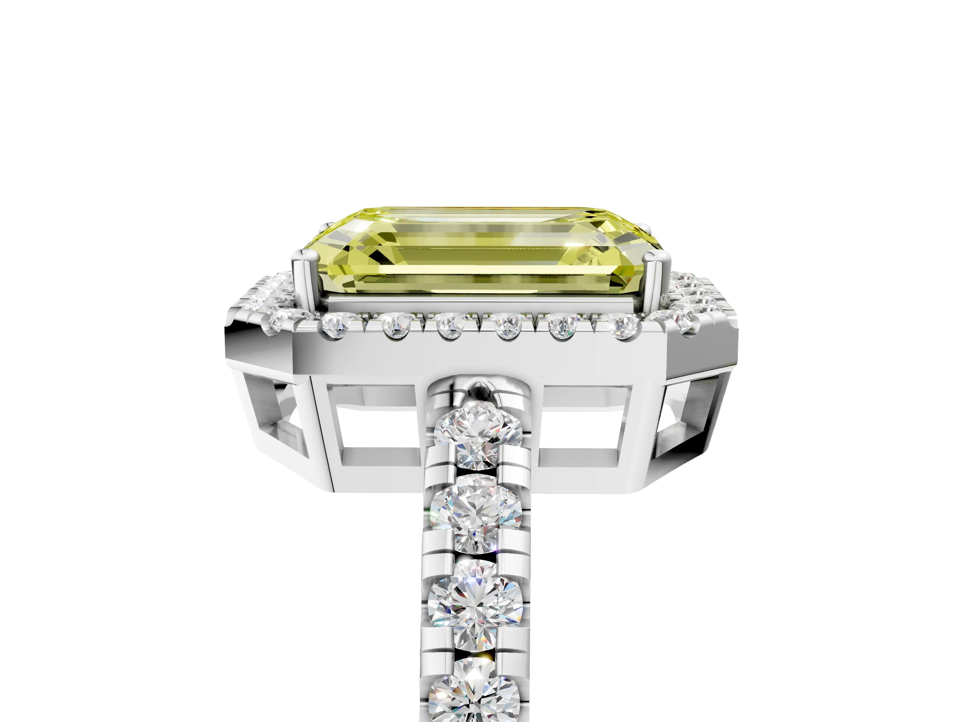 White gold Fancy Yellow Emerald Cut Diamond Halo Ring with Pavé Band and Four-Prong Setting_5