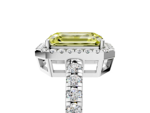 White gold Fancy Yellow Emerald Cut Diamond Halo Ring with Pavé Band and Four-Prong Setting_5