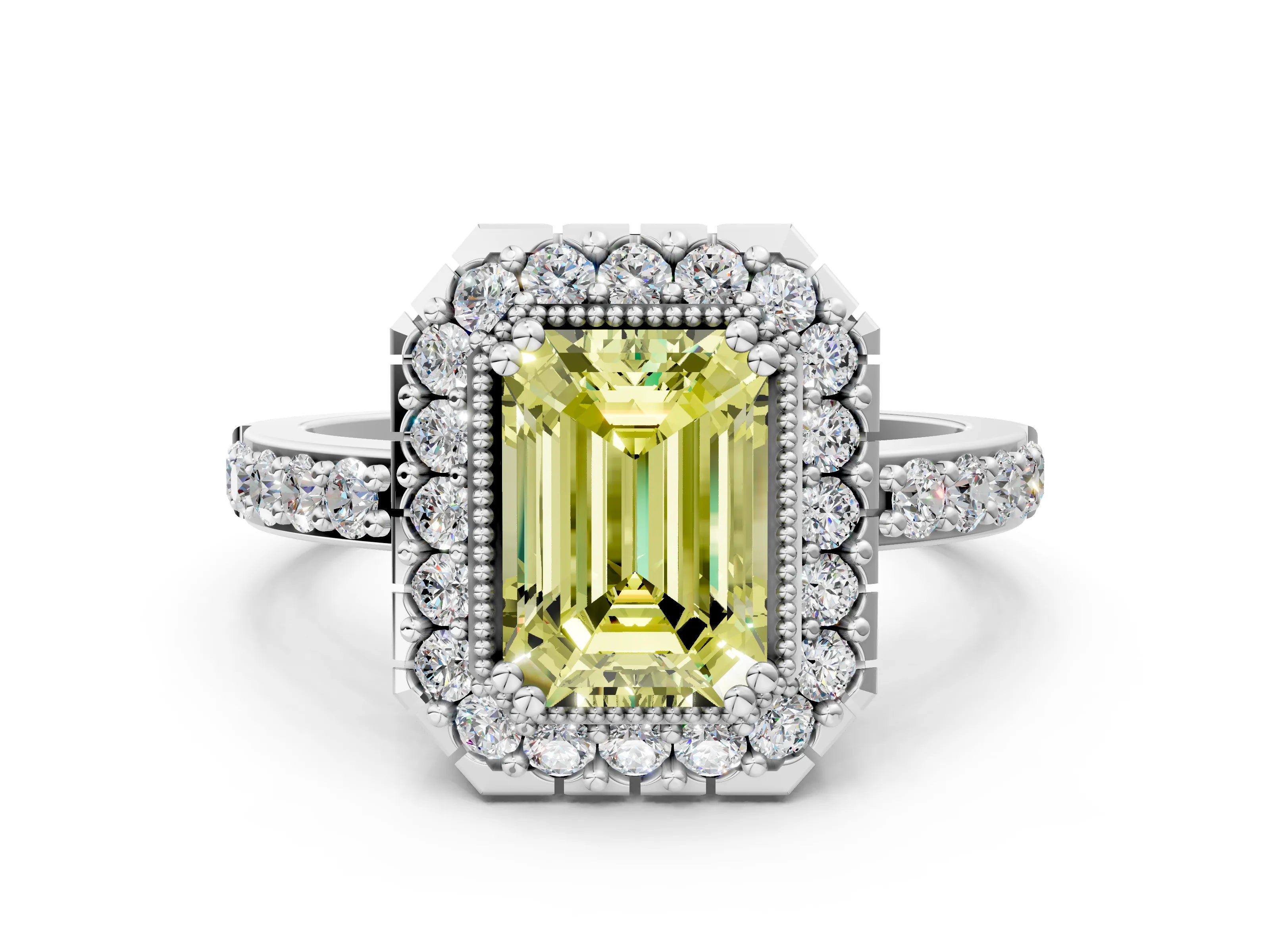 White gold Fancy Yellow Emerald Cut Diamond Halo Ring with Pavé Band and Prong Setting_12