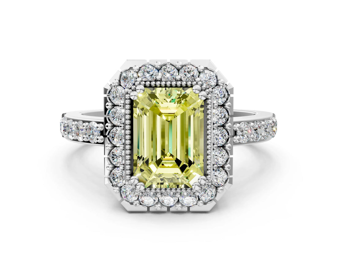 White gold Fancy Yellow Emerald Cut Diamond Halo Ring with Pavé Band and Prong Setting_12