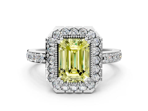 White gold Fancy Yellow Emerald Cut Diamond Halo Ring with Pavé Band and Prong Setting_12