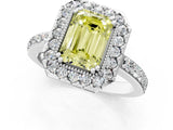 White gold Fancy Yellow Emerald Cut Diamond Halo Ring with Pavé Band and Prong Setting_13