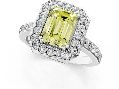 White gold Fancy Yellow Emerald Cut Diamond Halo Ring with Pavé Band and Prong Setting_13