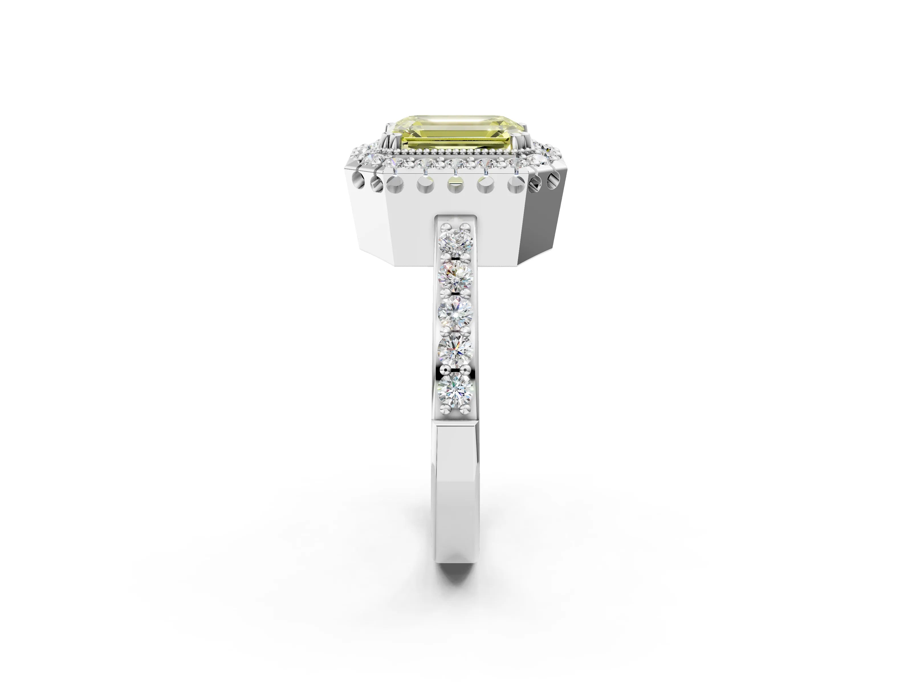 White gold Fancy Yellow Emerald Cut Diamond Halo Ring with Pavé Band and Prong Setting_14